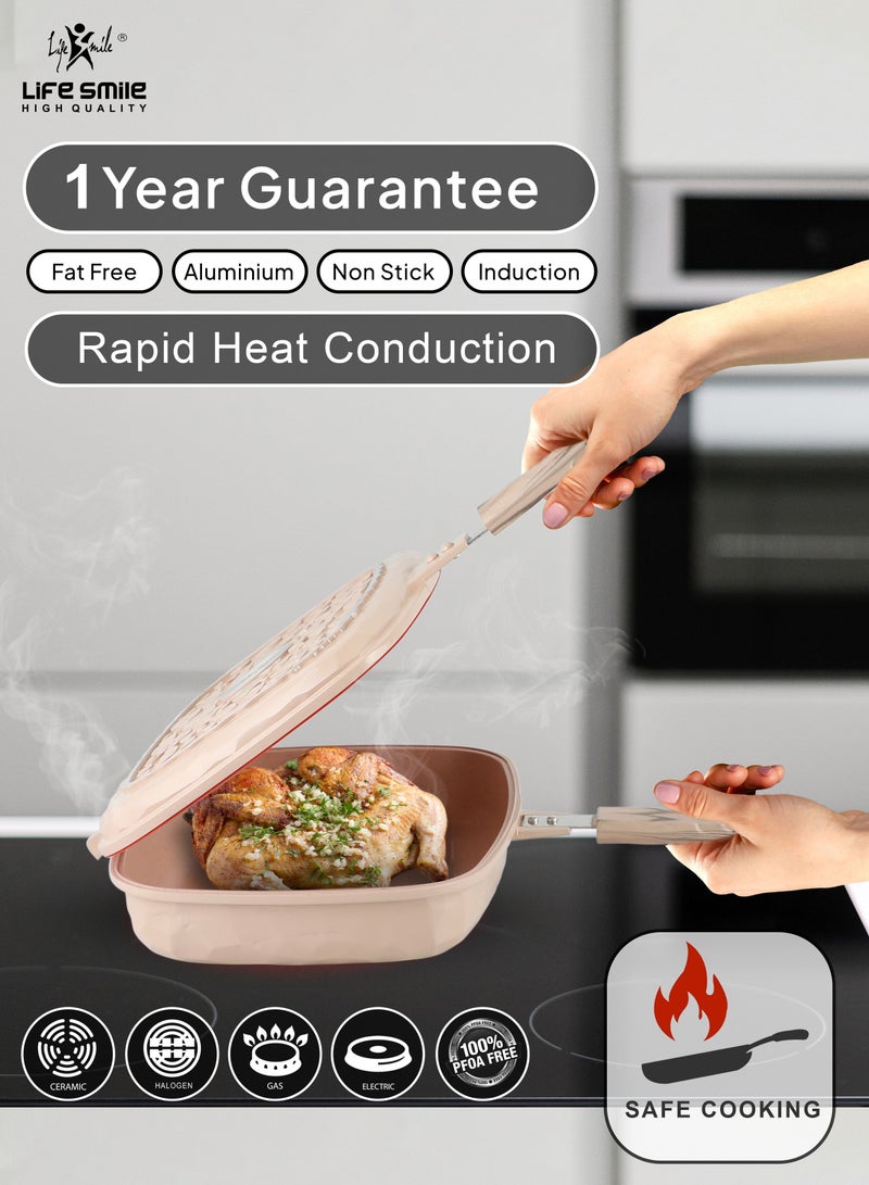 32CM Smart Double Grill Pan - Stone Design - 100% PFOA FREE - Flipping Grill Frying Pan | Multiple Hob Compatibility