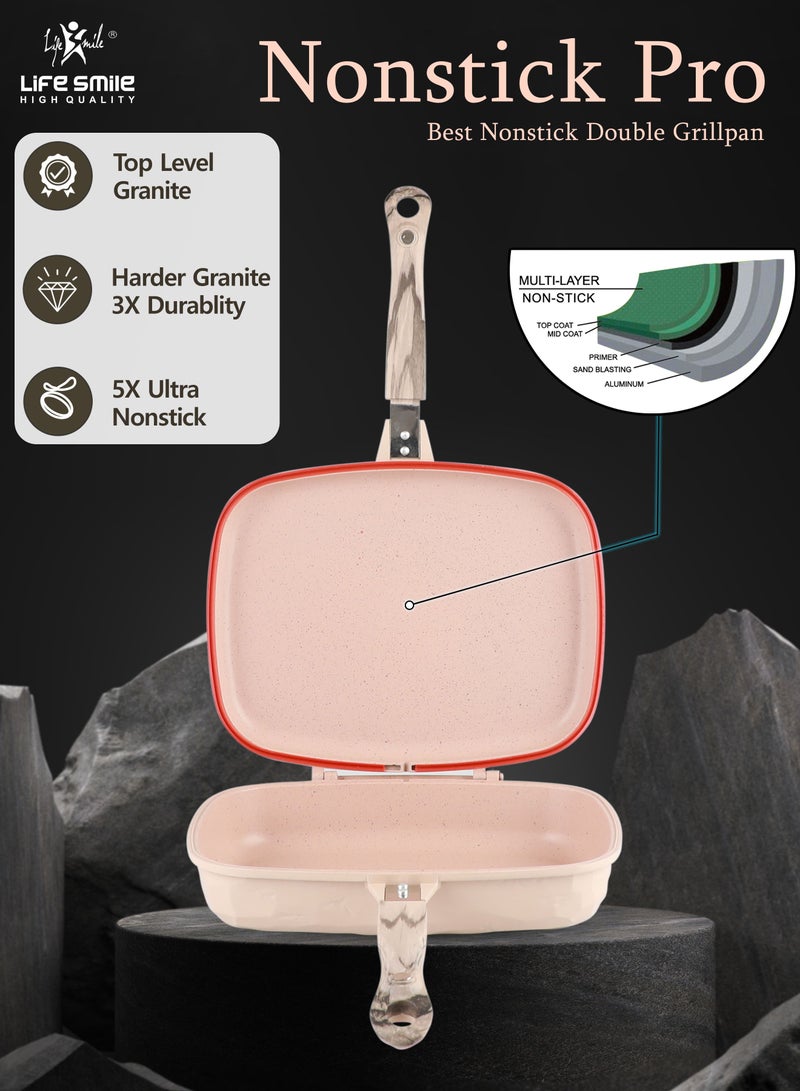 32CM Smart Double Grill Pan - Stone Design - 100% PFOA FREE - Flipping Grill Frying Pan | Multiple Hob Compatibility