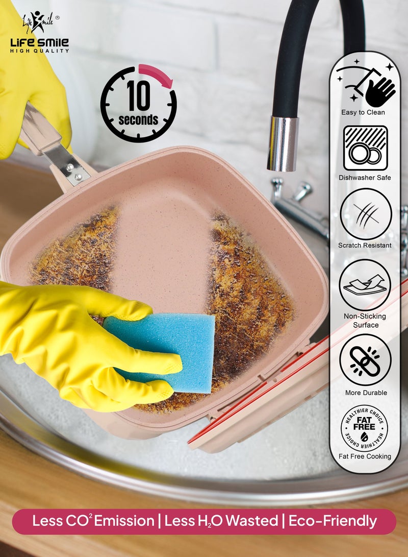 32CM Smart Double Grill Pan - Stone Design - 100% PFOA FREE - Flipping Grill Frying Pan | Multiple Hob Compatibility