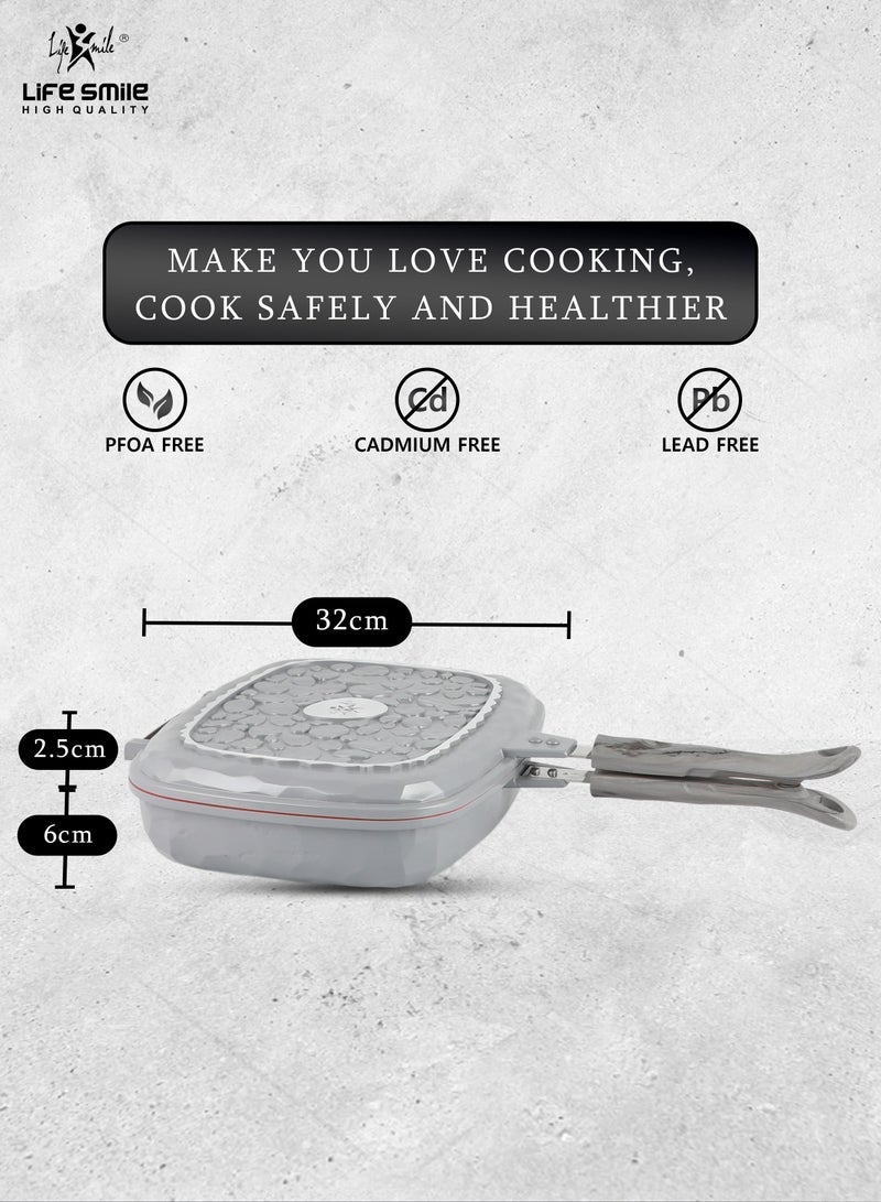 32CM Smart Double Grill Pan - Stone Design - 100% PFOA FREE - Flipping Grill Frying Pan | Multiple Hob Compatibility