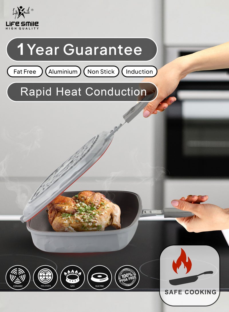 32CM Smart Double Grill Pan - Stone Design - 100% PFOA FREE - Flipping Grill Frying Pan | Multiple Hob Compatibility