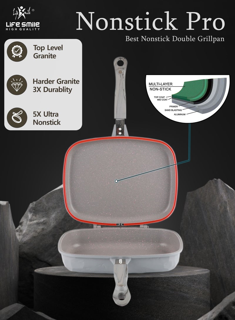 32CM Smart Double Grill Pan - Stone Design - 100% PFOA FREE - Flipping Grill Frying Pan | Multiple Hob Compatibility