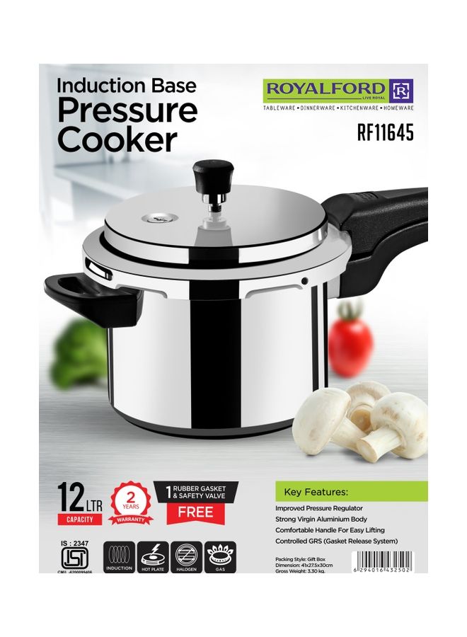 Aluminum Induction Base Pressure Cooker Equipped with Improved Pressure Regulator and Controlled GRS Durable Construction with Firm Handles Compatible with Induction 12Liters