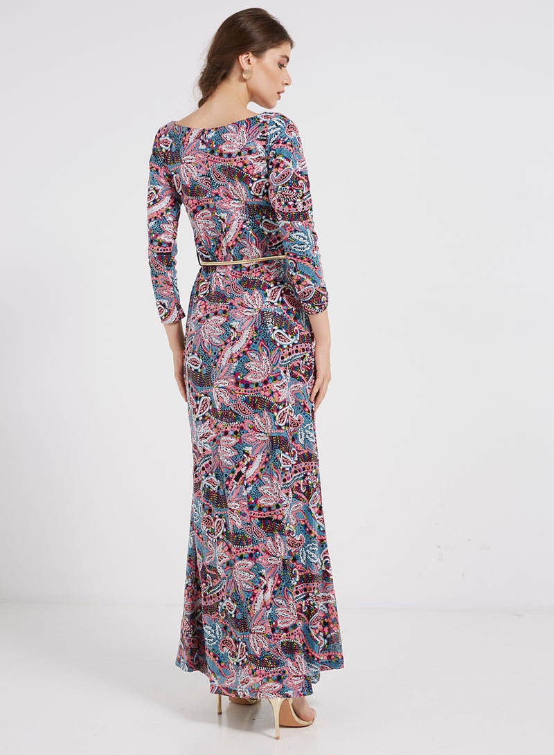 Sequin Detailed Three Quarter Sleeves Maxi Dress Multicolour