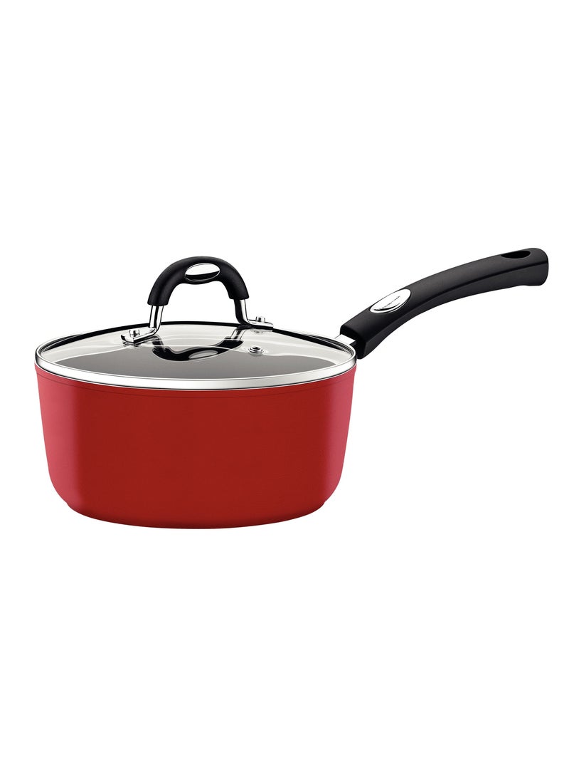 Monaco Induction 18cm 2L Aluminum Saucepan with Lid with Interior Starflon Premium PFOA Free Nonstick Coating and Exterior Red Silicon Coating