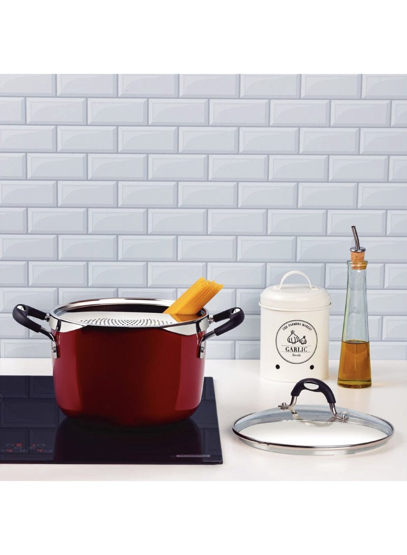 Monaco Induction 22cm 5.4L Aluminum Pasta Cooker with Interior Starflon Premium PFOA Free Nonstick Coating and Exterior Red Silicon Coating