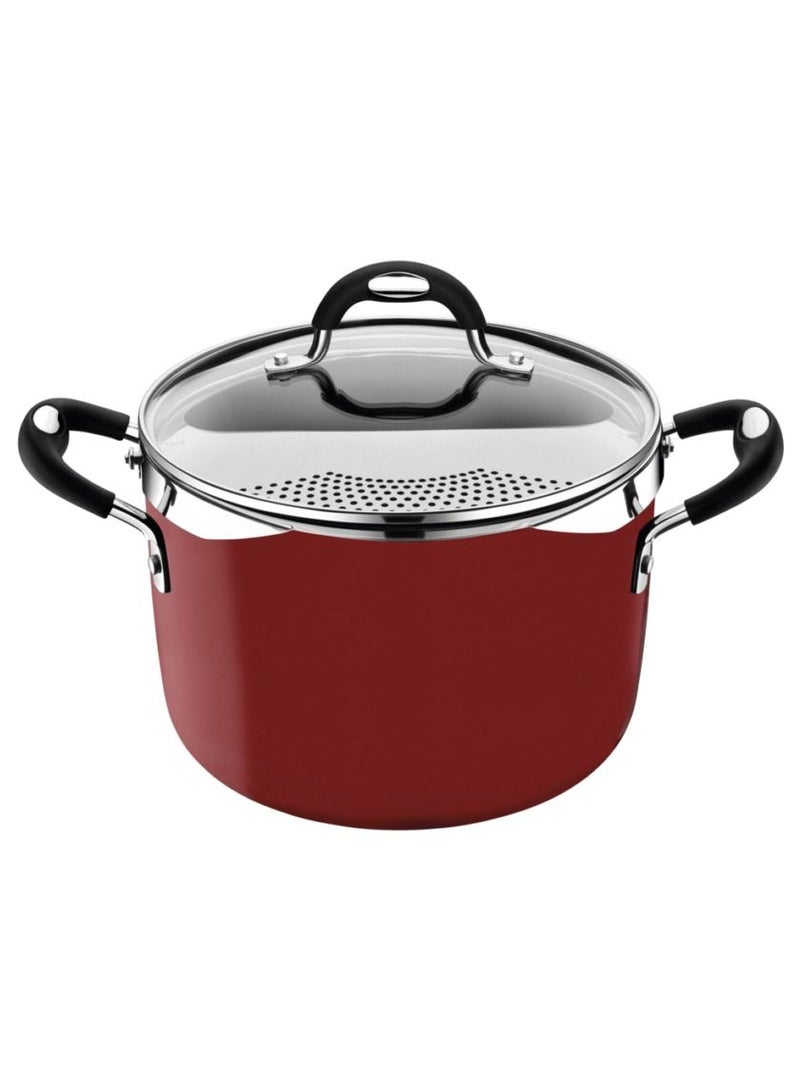 Monaco Induction 22cm 5.4L Aluminum Pasta Cooker with Interior Starflon Premium PFOA Free Nonstick Coating and Exterior Red Silicon Coating