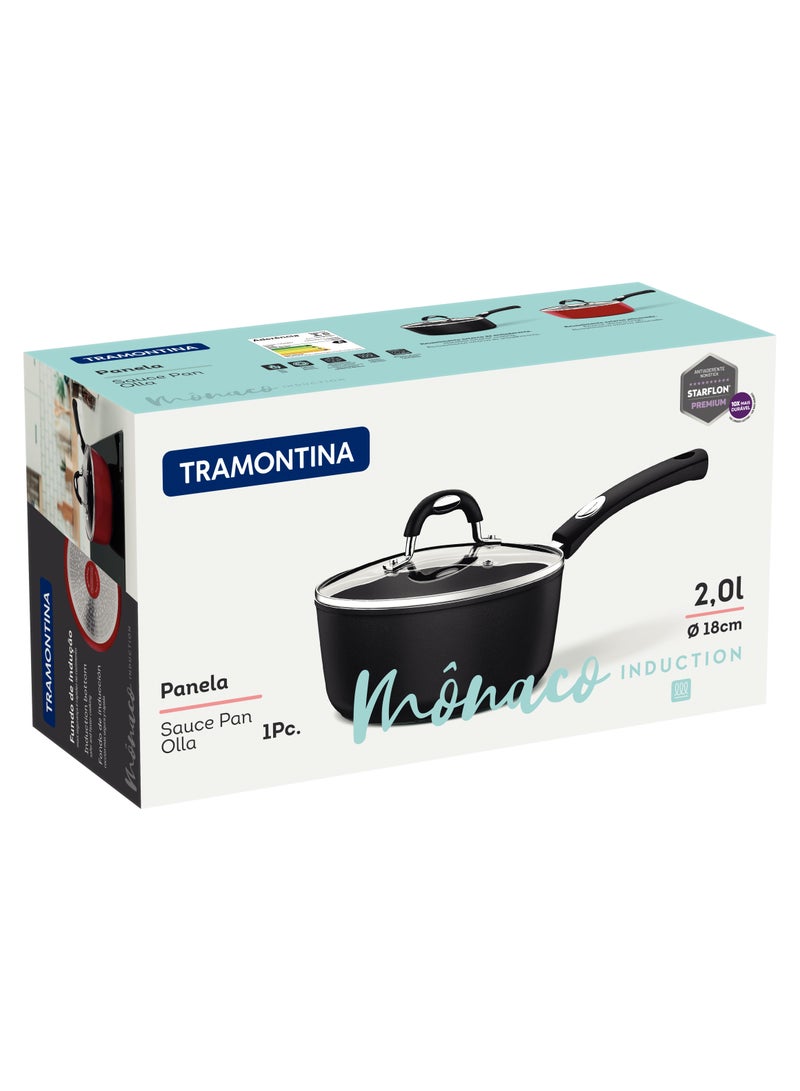 Since 1911,Made in Brazil- Monaco Induction 18cm 2L Black Aluminum Saucepan with Interior and Exterior Starflon Premium PFOA Free Nonstick Coating