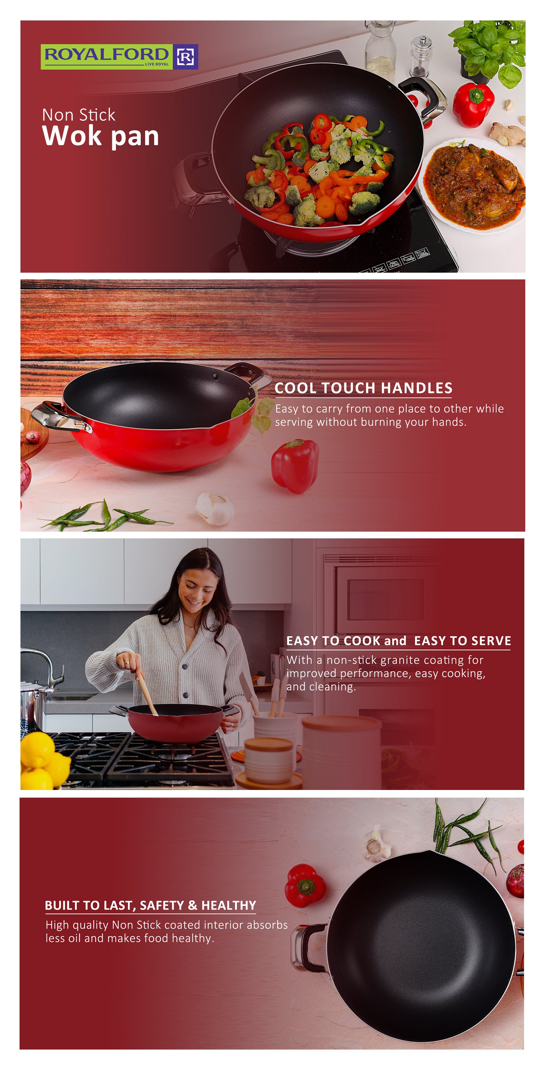 Non Stick Kadai 30Cm Cd Bottom All Cooktop Types 30X9.5Cm Red 30 CMcm