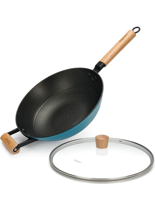 Wok Pan With Handle And Glass Lid 30x8.4cm/4LTR Black/Beige/Blue