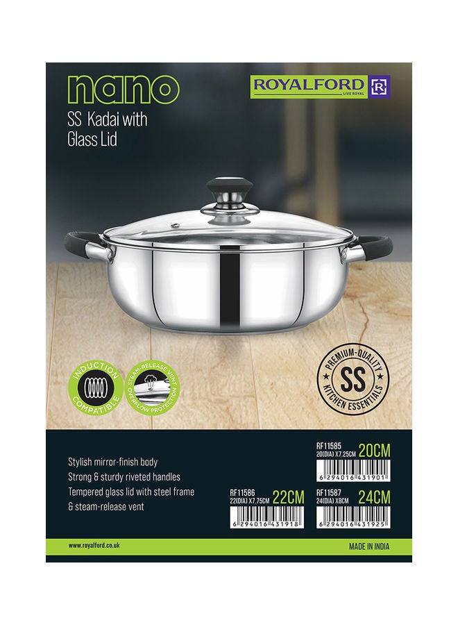 Perfect for Sauting Frying Stir Frying Etc| Equipped with Strong and Sturdy Riveted Handles Kitchen Use Versatile And Strong Stainless Steel Construction| Silver Silver 24x24x8 cmcm