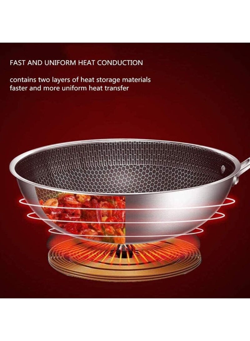 Stainless Steel Wok, Round Bottom Non-stick Honeycomb Wok with Lid and Anti-scalding handle 34cm