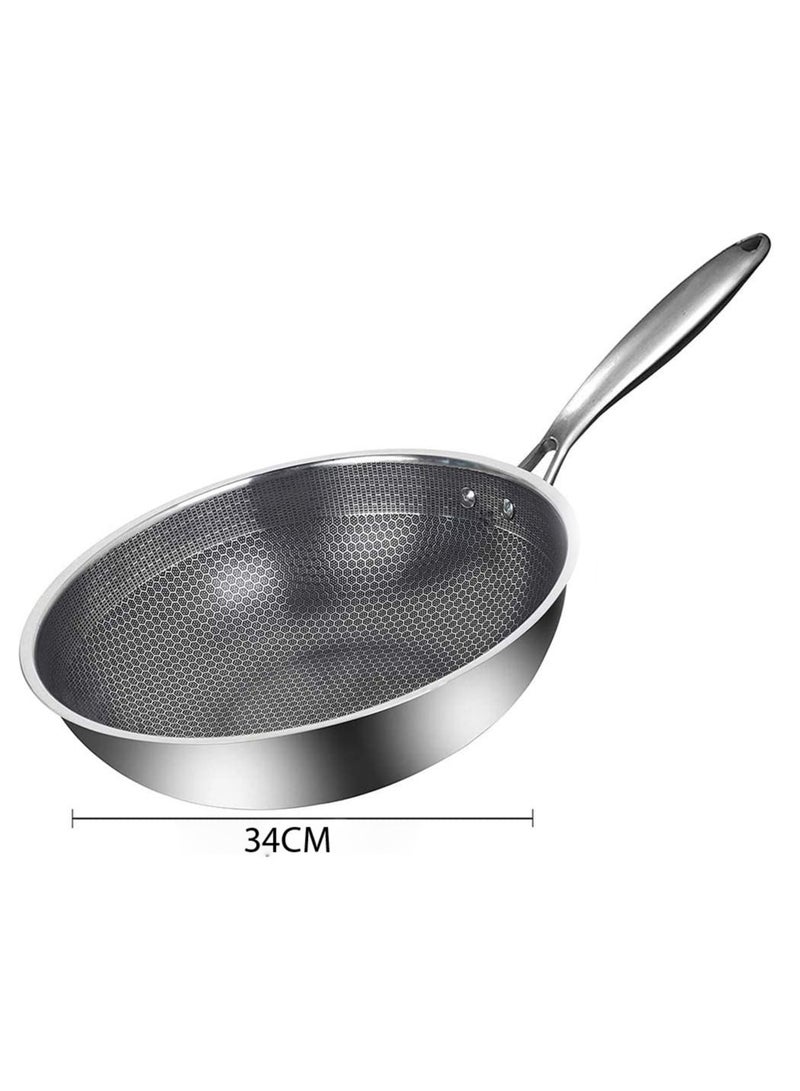 Stainless Steel Wok, Round Bottom Non-stick Honeycomb Wok with Lid and Anti-scalding handle 34cm