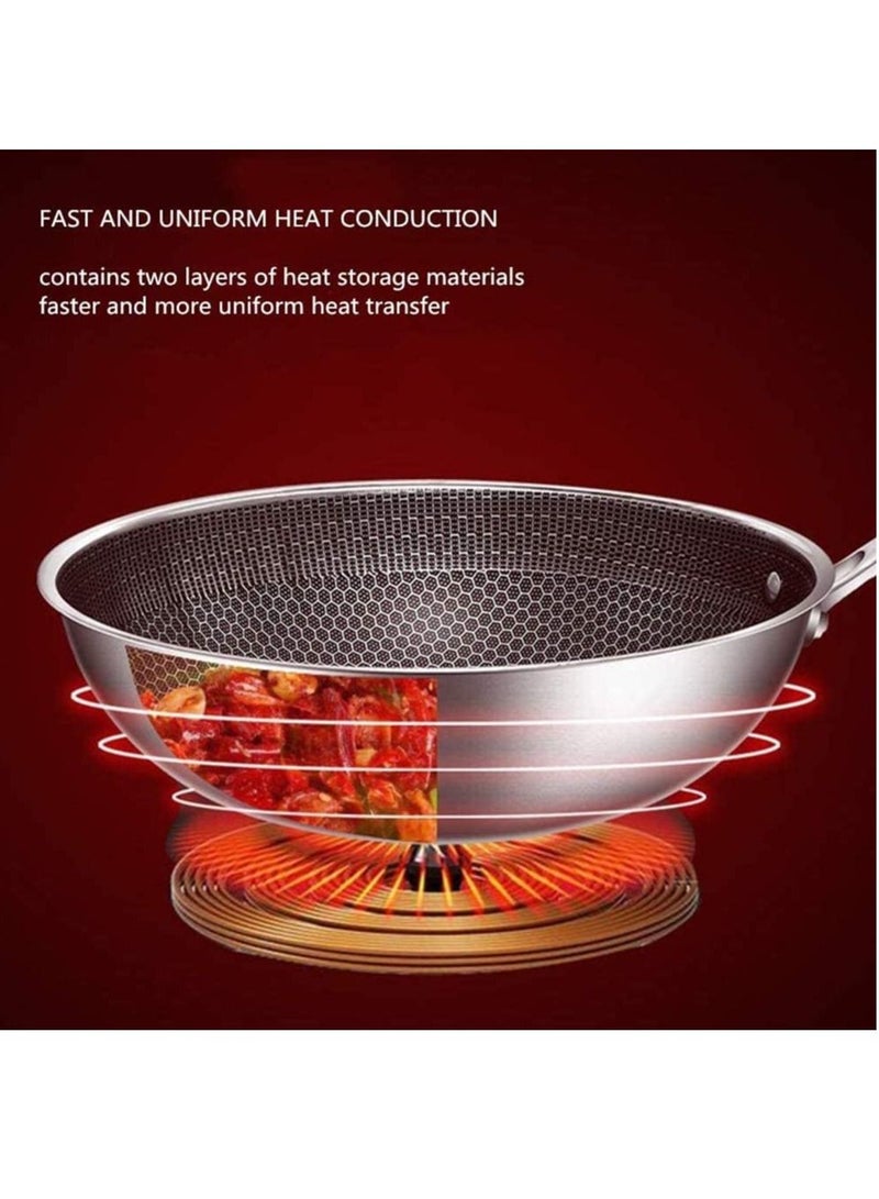 Stainless Steel Wok Round Bottom Non Stick Honeycomb Wok with Lid and Anti Scalding Handle 32cm