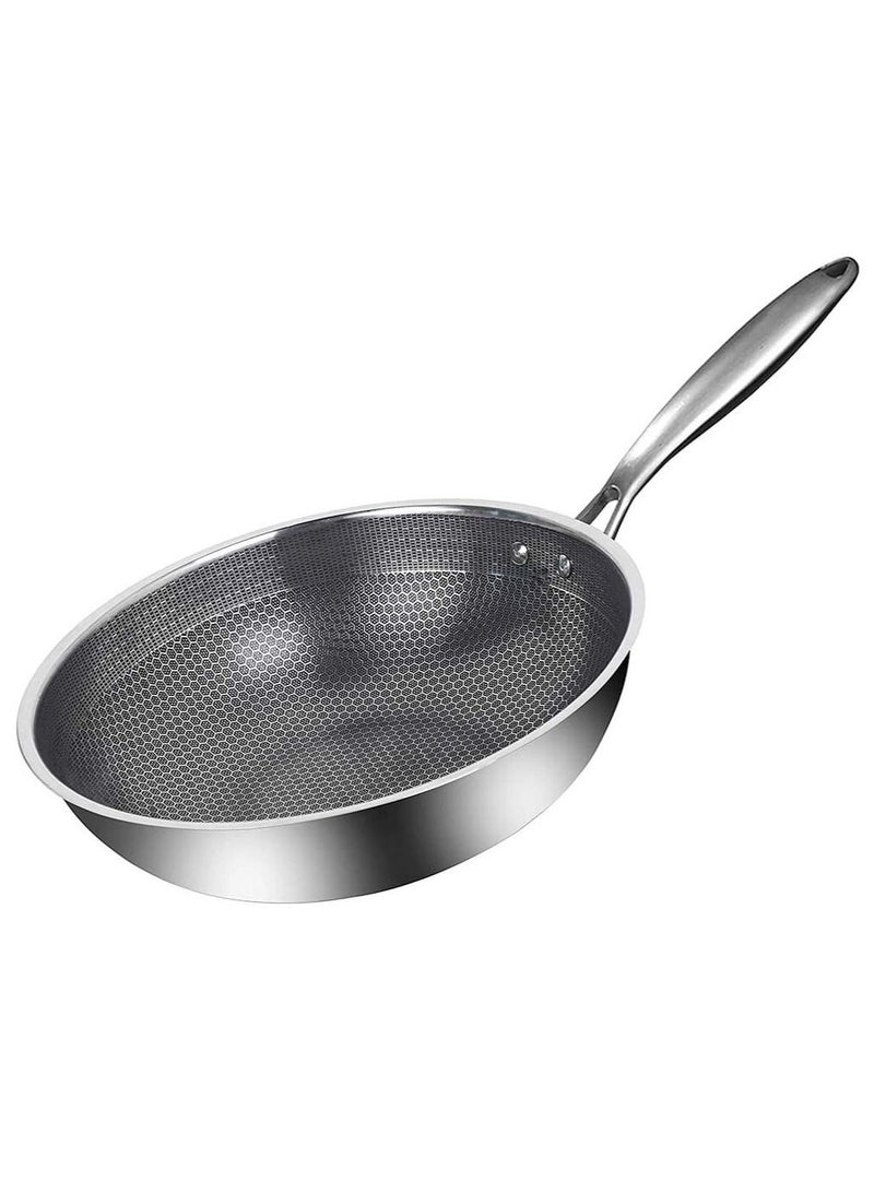 Stainless Steel Wok Round Bottom Non Stick Honeycomb Wok with Lid and Anti Scalding Handle 32cm