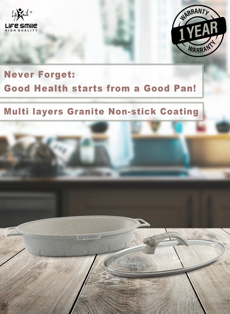 Shallow Fish Frying Pan With lid , Granite Coating Non Stick Oval Frying pan - Fish Pan