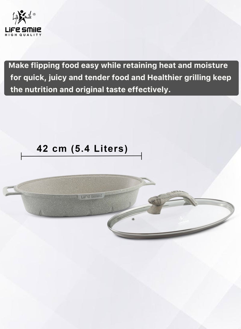 Shallow Fish Frying Pan With lid , Granite Coating Non Stick Oval Frying pan - Fish Pan
