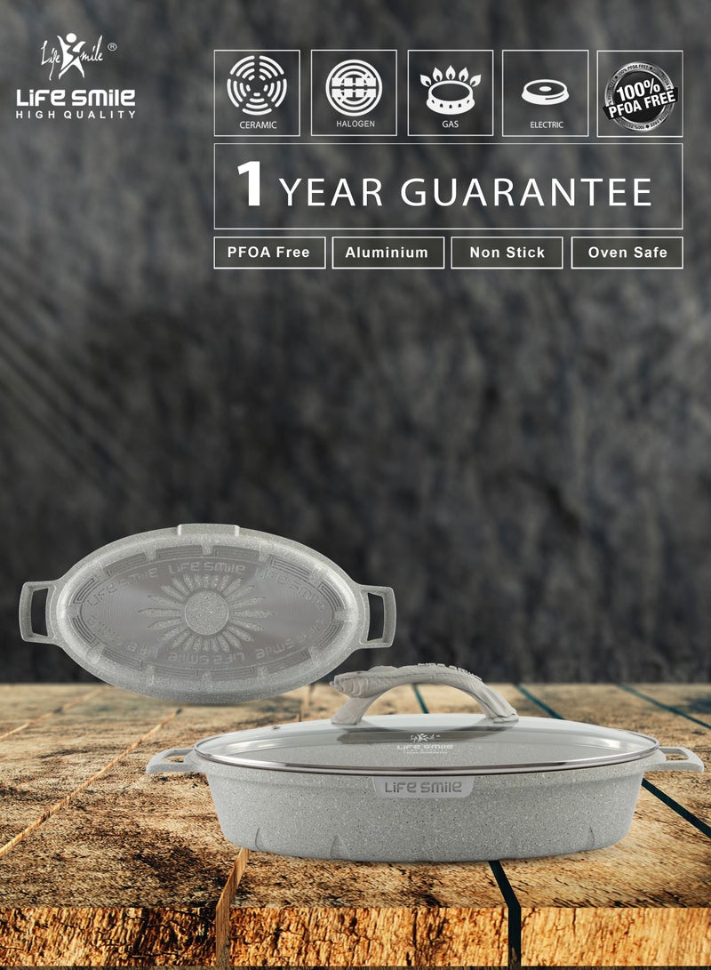 Shallow Fish Frying Pan With lid , Granite Coating Non Stick Oval Frying pan - Fish Pan