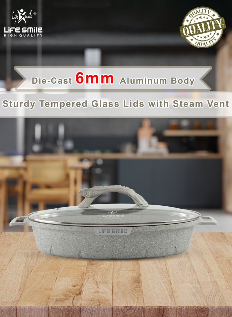 Shallow Fish Frying Pan With lid , Granite Coating Non Stick Oval Frying pan - Fish Pan