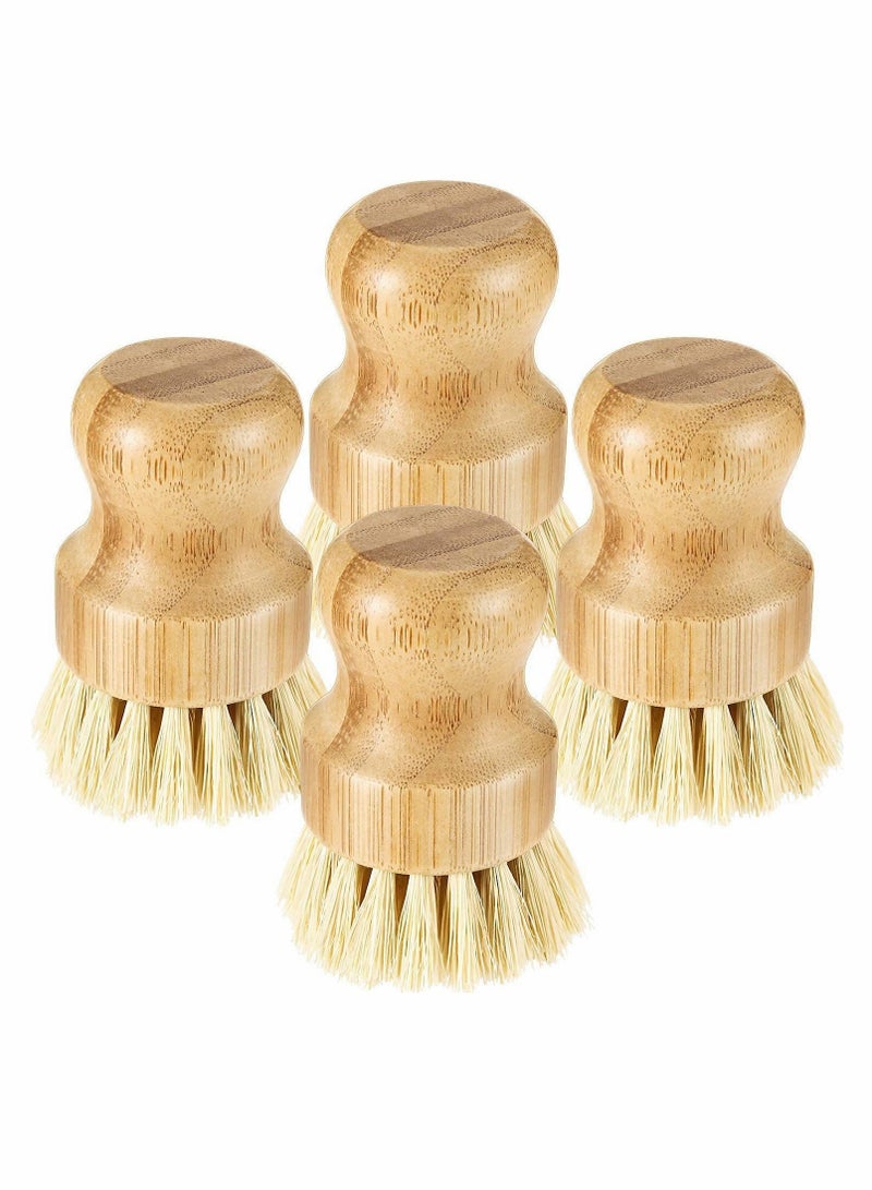 4 Pcs Palm Pot Brush， Bamboo Mini Scrub Brush Coconut Bristles Brushes Dish Scrubber for Cast Iron Skillet, Kitchen Sink, Bathroom, Household Cleaning