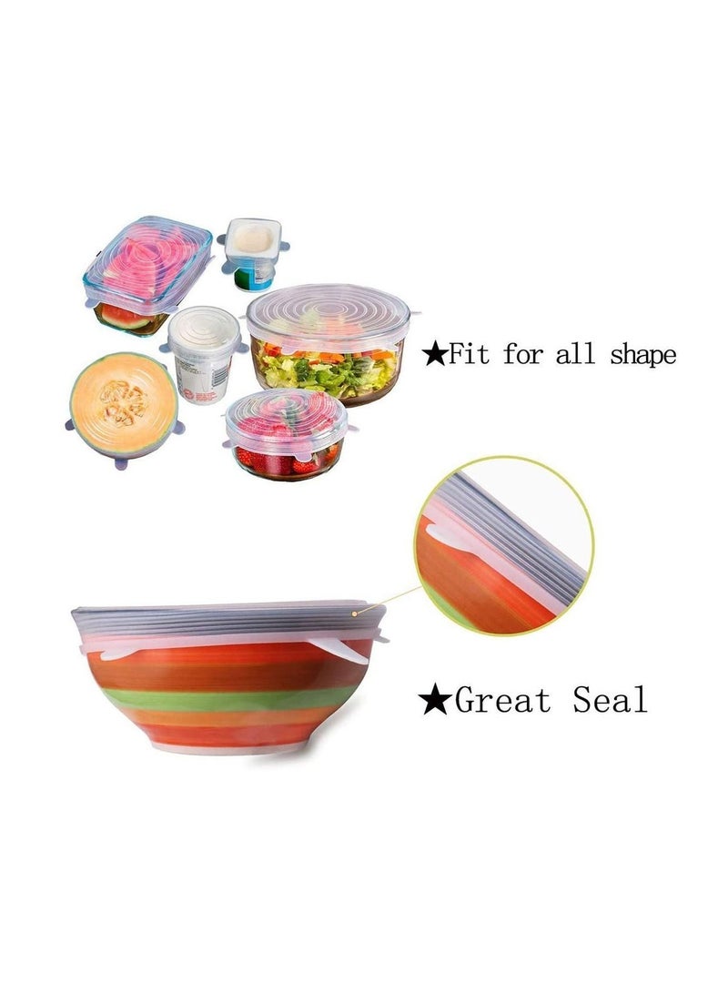 Silicone Stretch Lid, 6-Pack of Multi Size Reuseable Food Storage Covers, Fresh Saver Covers Wrap Bowl Pot Cup Lid- BPA Free, Dishwasher, Microwave, Oven and Freezer Safe (Transparent)