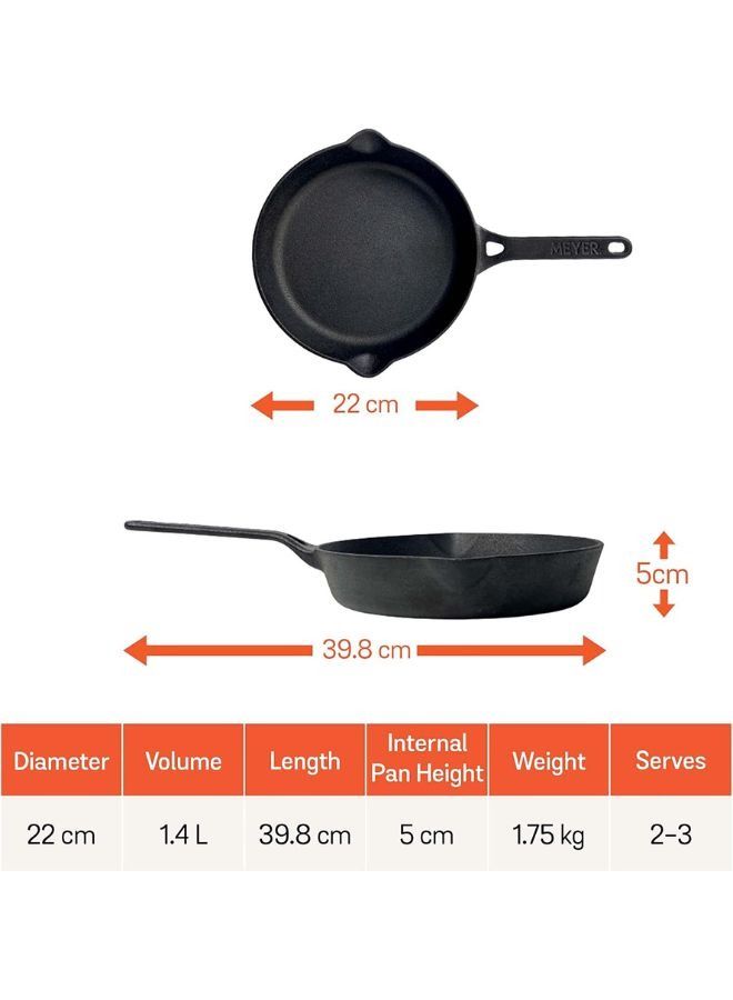 Meyer Cast Iron Skillets 22cm | Pre-seasoned Oven Safe Cookware | Indoor/Outdoor Use for Camping Induction Safe | Cast iron frying pan (Black)