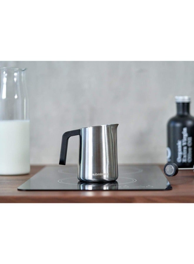 FlowTip Milk Jug (450ml/15oz) - Advanced Design Milk Jug w/ Ergonomic & Heat Resistant Handle, StoveTop Compatible, Stainless Steel, Smooth Neck & Sharp Tip - Stainless