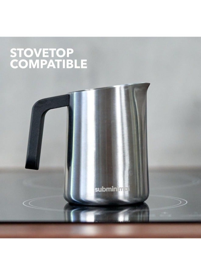 FlowTip Milk Jug (450ml/15oz) - Advanced Design Milk Jug w/ Ergonomic & Heat Resistant Handle, StoveTop Compatible, Stainless Steel, Smooth Neck & Sharp Tip - Stainless