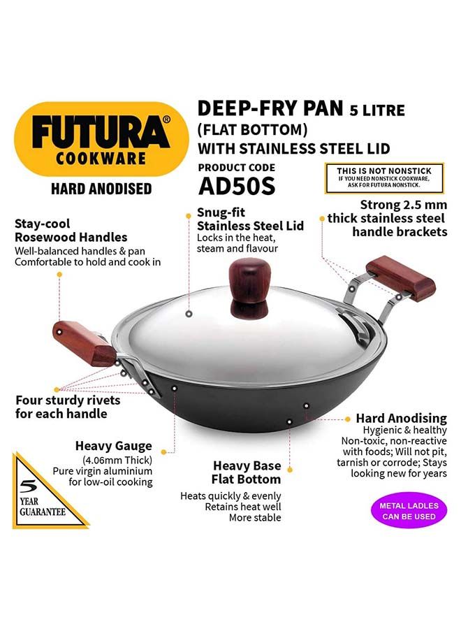 Futura Aluminium Flat Bottom Deep Fry Pan With Steel Lid Black 5 Liter