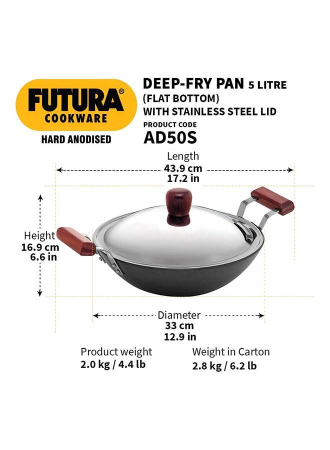 Futura Aluminium Flat Bottom Deep Fry Pan With Steel Lid Black 5 Liter