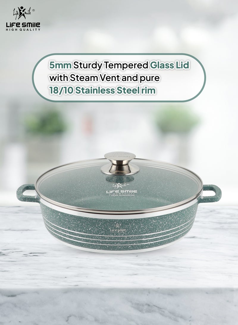 24/28/32cm Sizes Shallow Pot with Lid | Non Stick PFOA FREE Granite Coating Frying Pan | Oven Safe | Dishwasher Safe | Double Handle (Green)