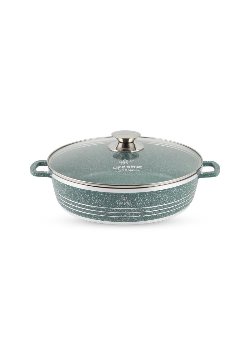 24/28/32cm Sizes Shallow Pot with Lid | Non Stick PFOA FREE Granite Coating Frying Pan | Oven Safe | Dishwasher Safe | Double Handle (Green)