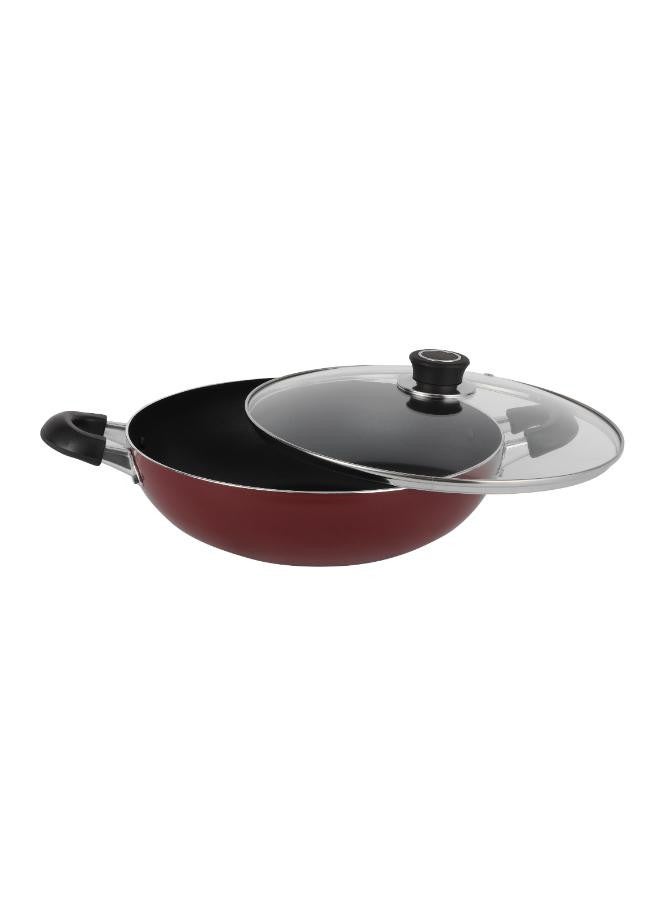 Aluminium Wok Pan With Glass Lid Red/Clear 30cm