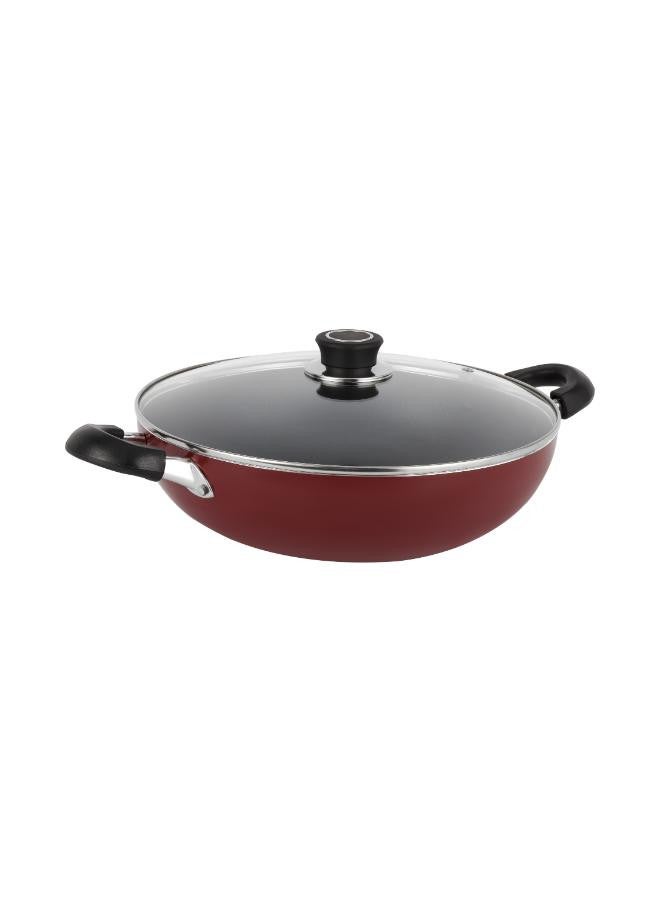 Aluminium Wok Pan With Glass Lid Red/Clear 30cm