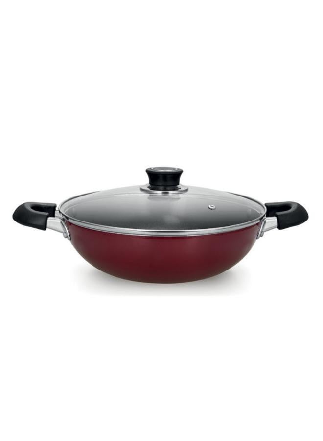 Aluminium Wok Pan With Glass Lid Red/Clear 30cm