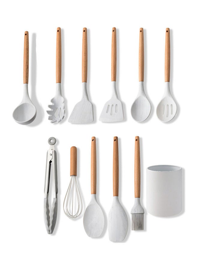 11-Piece Non-stick Kitchen Utensils Set With Wooden  Handle White 34 x 10.5cm