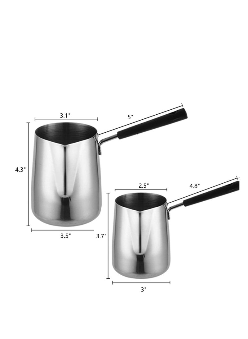 Set of 2 Milk Butter Warmer Pot, 12oz/22oz Turkish Coffee Stovetop Chocolate Melting Pan, Cezve Ibrik Briki Greek Arabic Maker for Maple Syrup, Sauce Heating, 18/8 Stainless Steel