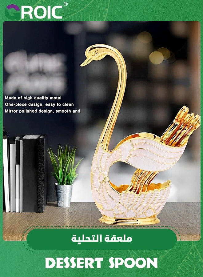 Dessert Spoon and Fork Holder, Fruit Dessert Flatware Swan Base with 5 Forks and 5 Spoons, Holder Spoon Organizer, Coffee Dessert Sugar Flatware (Gold, Swan Base with cutlery)
