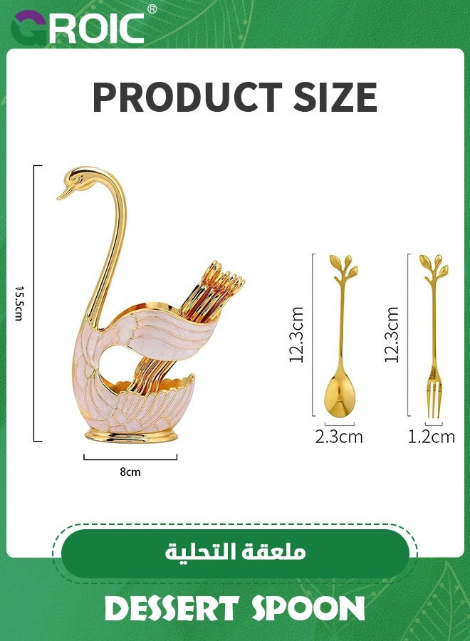 Dessert Spoon and Fork Holder, Fruit Dessert Flatware Swan Base with 5 Forks and 5 Spoons, Holder Spoon Organizer, Coffee Dessert Sugar Flatware (Gold, Swan Base with cutlery)