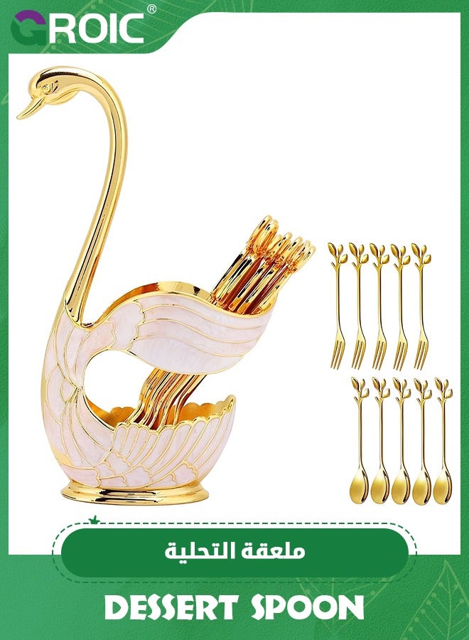 Dessert Spoon and Fork Holder, Fruit Dessert Flatware Swan Base with 5 Forks and 5 Spoons, Holder Spoon Organizer, Coffee Dessert Sugar Flatware (Gold, Swan Base with cutlery)