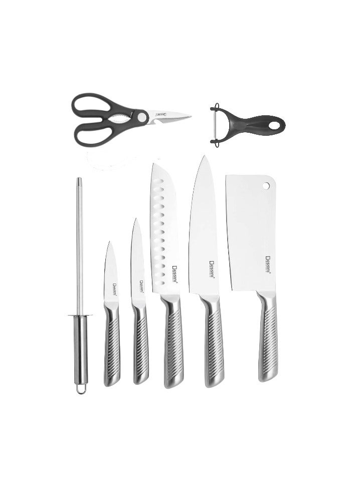 9-Pieces Stainless Steel Kitchen Knife Set Includes 5x knifes 1x Sharpener 1x Scissors 1x Clip Strip Peeler 1x Acrylic block holder Silver