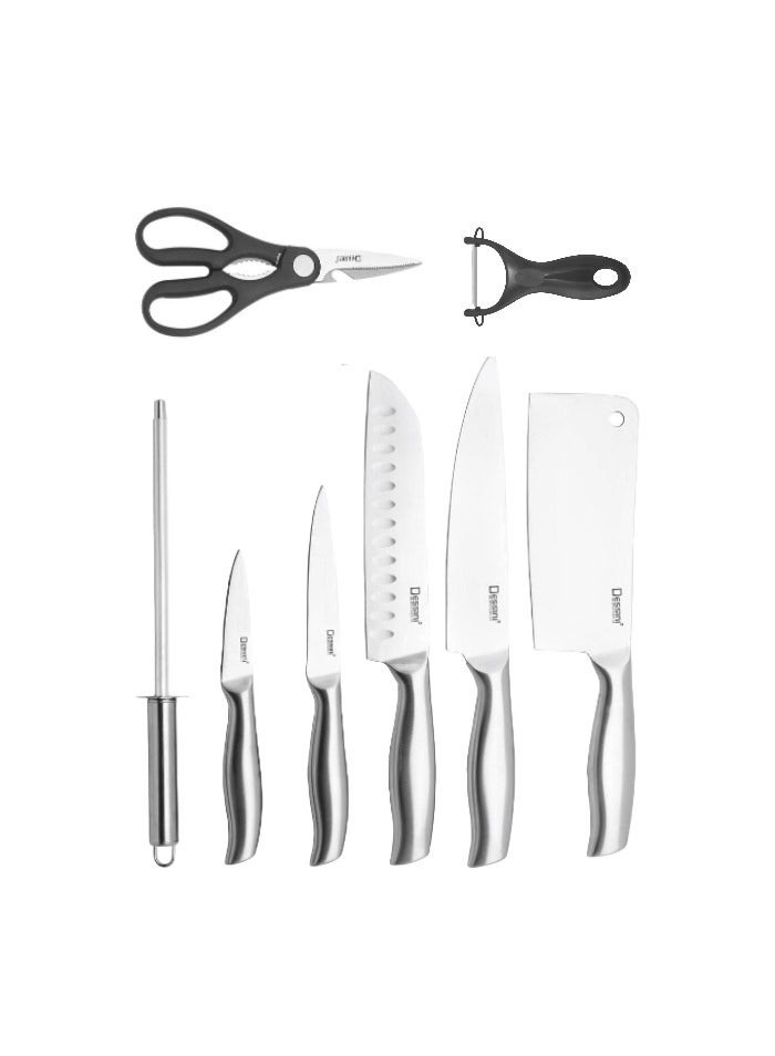 9-Pieces Stainless Steel Kitchen Knife Set Includes 5x knifes 1x Sharpener 1x Scissors 1x Clip Strip Peeler 1x Acrylic block holder Silver