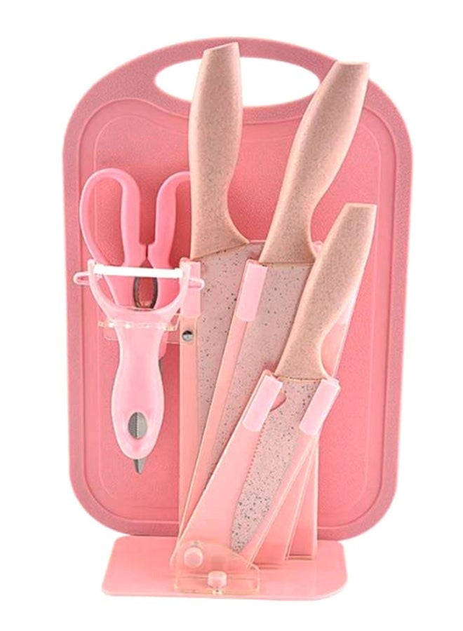 7-Piece Wheat Straw Kitchen Knife With Cutting Board Set Pink 21.5x32x32cm