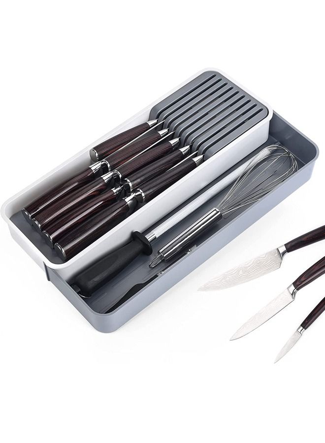 Expandable Kitchen Knife Drawer Organizer, Compact Cutlery Organizer Storage Knife Holder, With Adjustable Storage Tray for Knife Block, Insert-Holds 9 Knives and Store Other Kitchen Gadgets