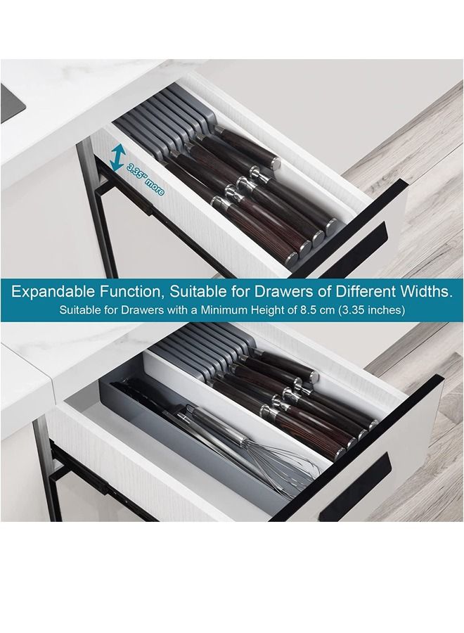 Expandable Kitchen Knife Drawer Organizer, Compact Cutlery Organizer Storage Knife Holder, With Adjustable Storage Tray for Knife Block, Insert-Holds 9 Knives and Store Other Kitchen Gadgets