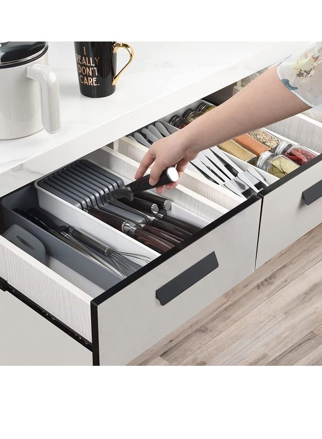 Expandable Kitchen Knife Drawer Organizer, Compact Cutlery Organizer Storage Knife Holder, With Adjustable Storage Tray for Knife Block, Insert-Holds 9 Knives and Store Other Kitchen Gadgets