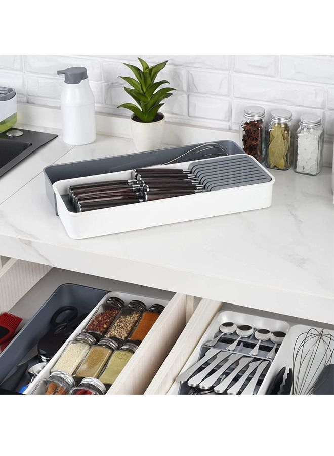 Expandable Kitchen Knife Drawer Organizer, Compact Cutlery Organizer Storage Knife Holder, With Adjustable Storage Tray for Knife Block, Insert-Holds 9 Knives and Store Other Kitchen Gadgets