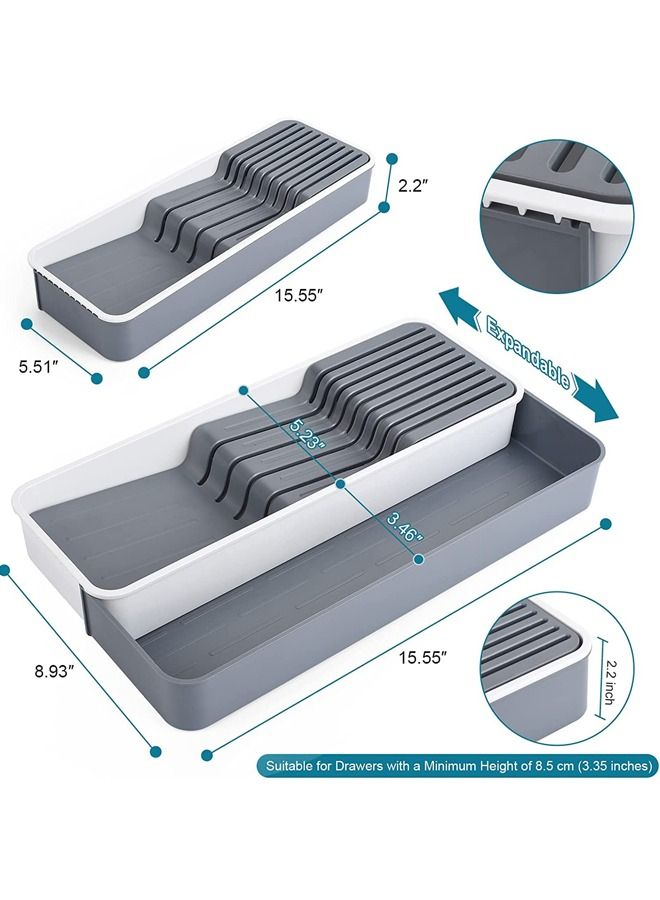 Expandable Kitchen Knife Drawer Organizer, Compact Cutlery Organizer Storage Knife Holder, With Adjustable Storage Tray for Knife Block, Insert-Holds 9 Knives and Store Other Kitchen Gadgets