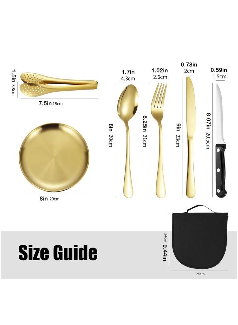 Stainless Steel Tableware Set for Camping and Picnics - Portable 10 Piece Kit with Knife, Fork, Spoon, Plate, and Steak Clip