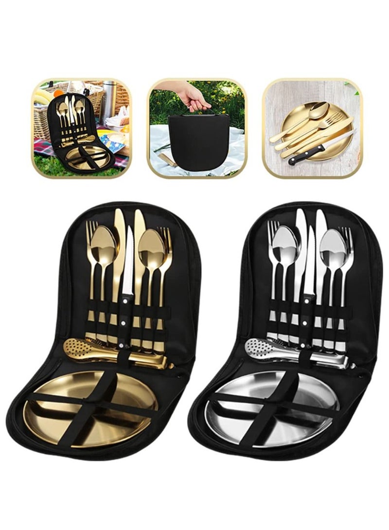 Stainless Steel Tableware Set for Camping and Picnics - Portable 10 Piece Kit with Knife, Fork, Spoon, Plate, and Steak Clip